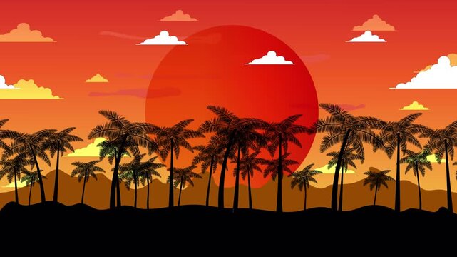 Coconut Palm Tree Silhouette on the Left Side with Orange and Red Layered Clouds Across a Warm Tropical Sunset Sky and Large Sun in the Background