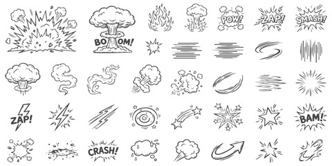 Set of hand drawn comic book explosion and action effect elements with speech bubbles and motion lines for design © ZenVectors