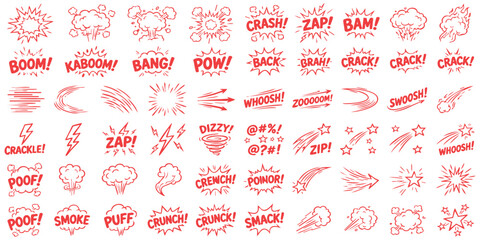 Set of colorful comic book explosion sound effects and action bubbles with funny text for graphic design © ZenVectors