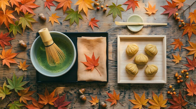 Japanese Kurikinton Wagashi Matcha Bowl Momiji Autumn Flatlay Wooden Desk