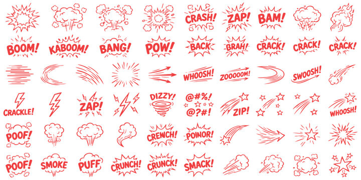Set of colorful comic book explosion sound effects and action bubbles with funny text for graphic design