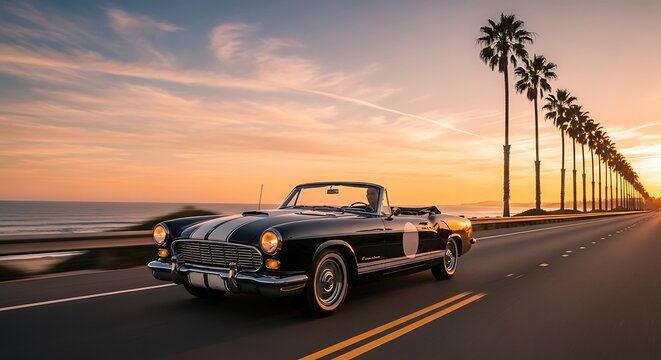 Vintage convertible sports car driving along a coastal highway during a golden hour sunset