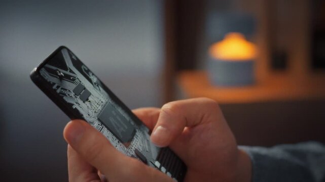 Man holds his smartphone and initiates AI assistant installation on the device, watching the screen display the download interface as the program prepares to automate daily tasks and simplify life
