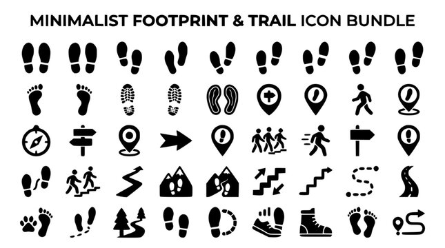 Minimalist footprint and trail icon bundle featuring human steps shoe prints hiking maps and outdoor navigation symbols vector