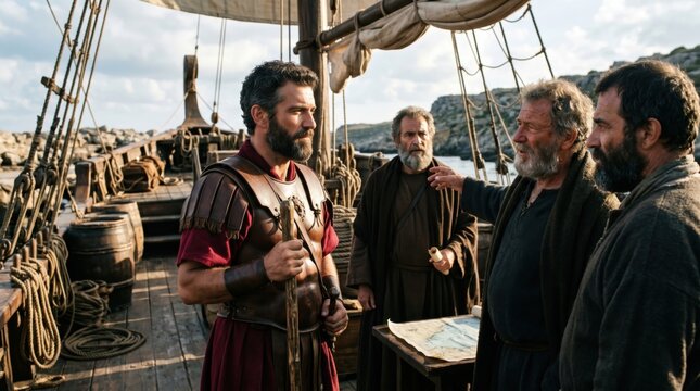 Roman centurion and men discussing navigation on ancient ship deck. Biblical scene from Acts of Apostles. Historical drama characters in period costume near map during dangerous sea voyage.