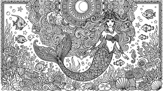 Mystical mermaid queen underwater with crescent moon mandala for adult coloring book anti stress line art vector illustration