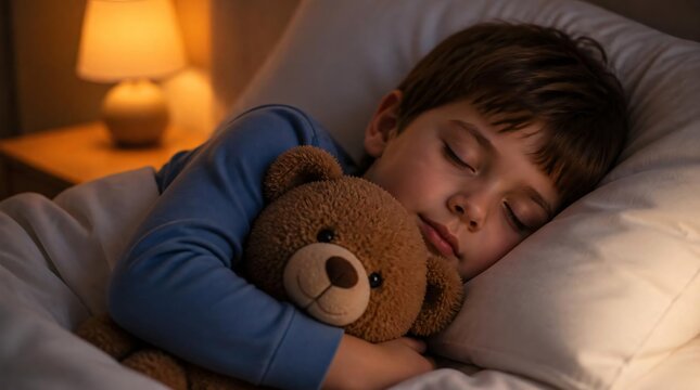 Little boy sleeps soundly while hugging a teddy bear in bed.