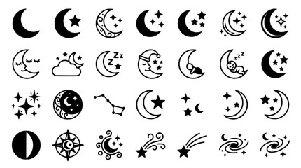 Crescent moon and stars icon set with sleeping face constellation galaxy and shooting comet vector illustration pack © MdSabbir