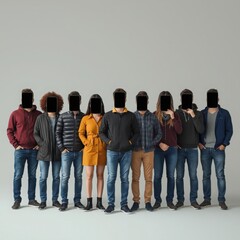 Naklejka premium Group of people with faces obscured by black rectangles standing in a line