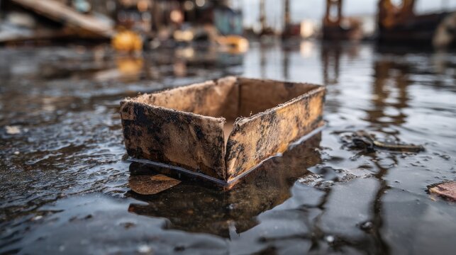 Cardboard box floating in floodwater