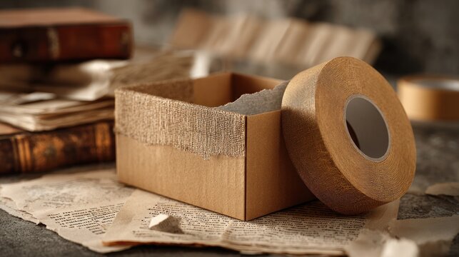 Cardboard box with tape and old papers