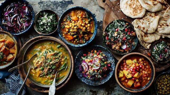 Overhead shot of a colorful assortment of various dishes and flatbread on a rustic surface