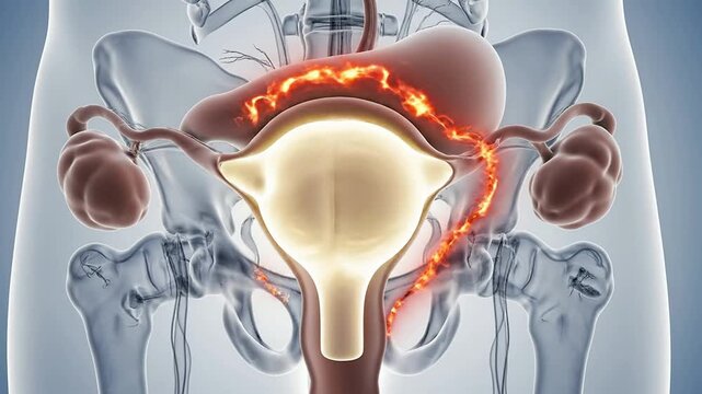 3D Illustration of Pelvic Hydrosalpinx Condition with Transparent Anatomy Showcasing Fallopian Tube and Ovaries
