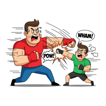 Cartoon Boxing Match: Small Challenger Lands Punch on Big Opponent