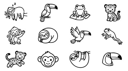 Cute rainforest animals coloring book set featuring sloth toucan frog monkey jaguar character cartoon line art vector illustration © Kulsum