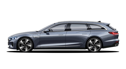 Naklejka premium Modern Gray Station Wagon Car - Side Profile View - Studio Shot White Background