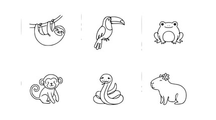 Cute jungle animals coloring page set featuring sloth toucan frog monkey snake capybara cartoon line art vector illustration © Kulsum