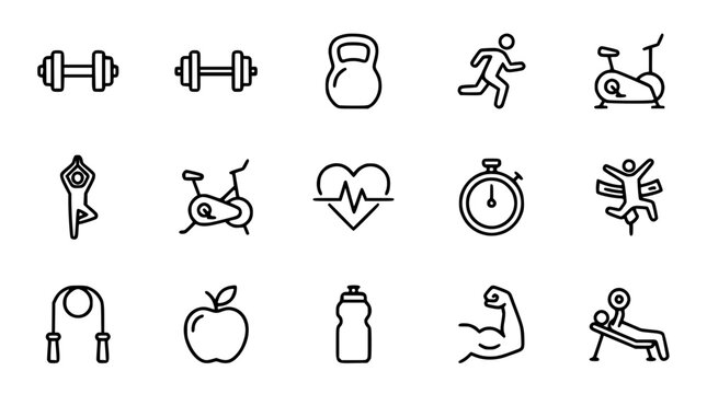 Fitness and gym workout linear icon set featuring dumbbell kettlebell running cycling heartbeat stopwatch vector outline illustrationFitness and gym workout linear icon set featuring dumbbell kettlebe