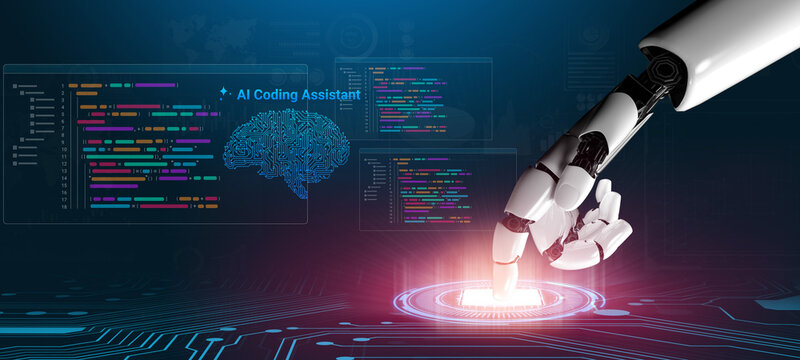 A futuristic AI coding assistant is depicted as a robotic hand interacting with a vibrant digital interface showcasing programming elements and advanced technology concepts. Cyphers