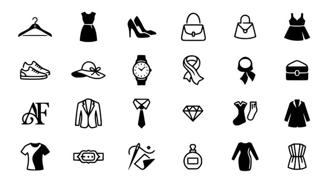 Fashion luxury clothes and lifestyle accessories icon set with dress jacket shoes handbag watch diamond outline vector illustration