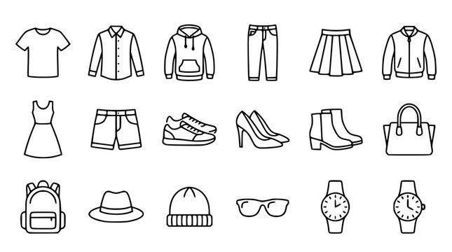 Fashion apparel and accessories line icon set featuring clothes shoes dress bag watch sunglasses vector outline illustration