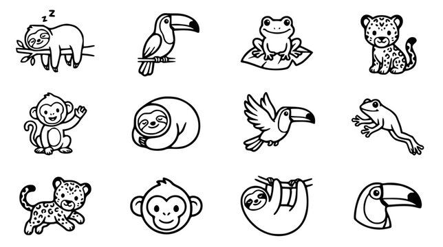 Cute rainforest animals coloring book set featuring sloth toucan frog monkey jaguar character cartoon line art vector illustration