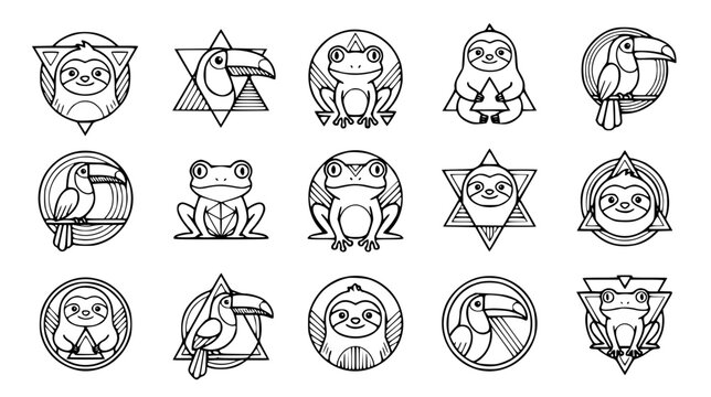 Tropical jungle animal linear geometric badge set with sloth toucan frog icon line art vector logo illustration