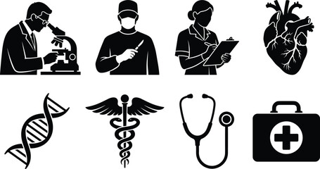Obraz premium Medical and healthcare icon set featuring laboratory scientist microscope surgeon holding scalpel nurse writing on clipboard anatomical heart DNA helix caduceus stethoscope and first aid kit
