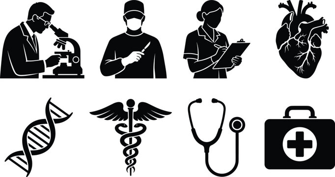 Medical and healthcare icon set featuring laboratory scientist microscope surgeon holding scalpel nurse writing on clipboard anatomical heart DNA helix caduceus stethoscope and first aid kit