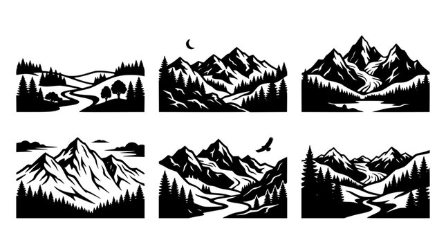 Mountain landscape silhouette set featuring forest pine trees winding rivers peak horizons and wilderness nature outdoor travel vectors