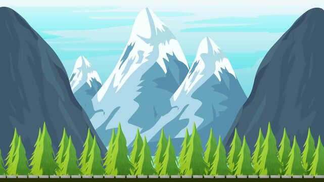 bright green pine trees along the foreground with towering dark blue mountains on both sides and snow covered light blue peaks in the center beneath a clear pale blue sky