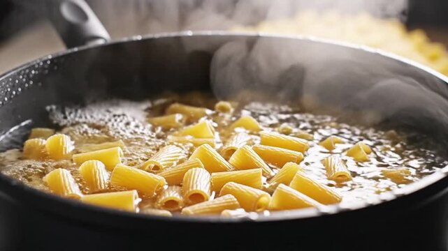 Dry macaroni pasta dropping into a pot of boiling water with a large splash