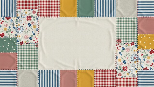 Patchwork quilt with various fabric patterns frames a central white rectangular space designed for custom text.