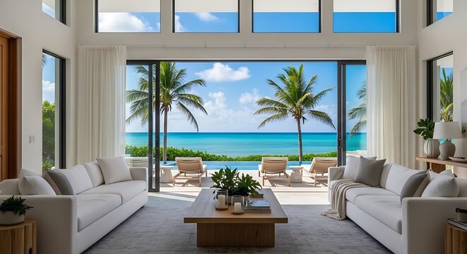 Luxury beach villa living room with panoramic ocean view and infinity pool terrace