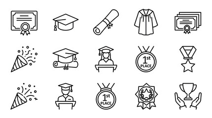 Fototapeta premium Graduation Achievement Icons: Diploma, Cap, Gown, Trophy, Confetti. Generative AI illustration