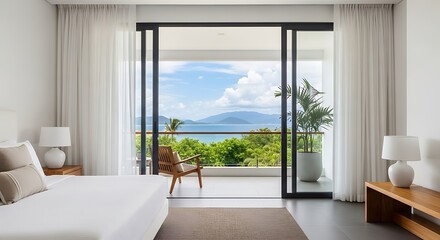 Fototapeta premium Modern luxury hotel bedroom with stunning ocean view and private balcony terrace