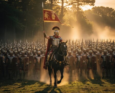 A Roman soldier on horseback leads a massive army, holding a flag in a misty forest, showcasing a dramatic historical scene.