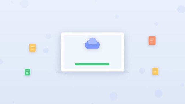 Animated flat design cloud document upload on computer screen with progress bar