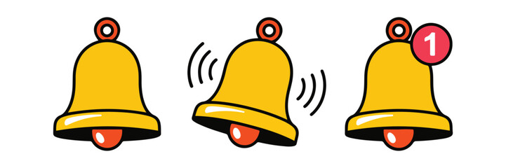 Set of three cartoon bells showing notifications and ringing in yellow and red colors. © Saimul