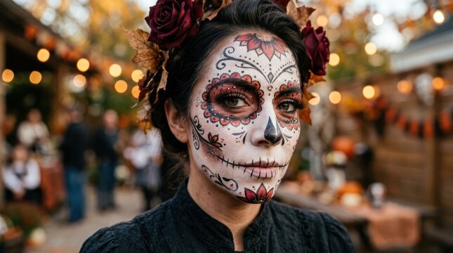 Traditional day of the dead celebration with face paint and floral headdress