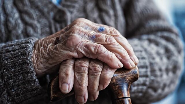 Elderly wrinkled hands resting on a wooden walking stick handle
