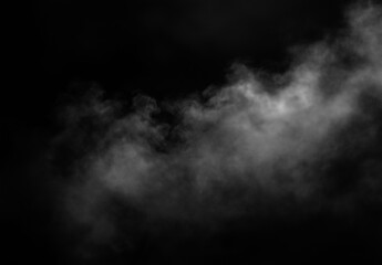 Fototapeta premium Abstract white smoke cloud drifting across a black background, creating a dramatic atmospheric mist texture with soft motion and high contrast.