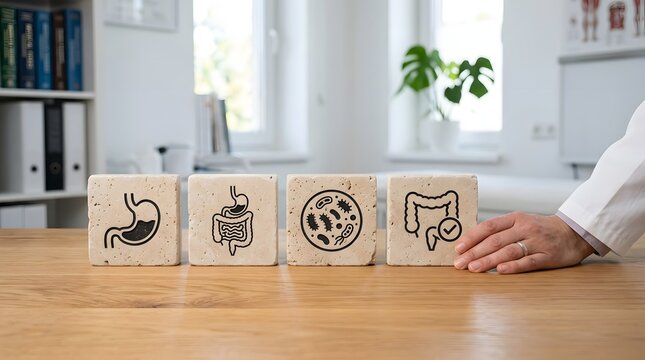 Gut health concept illustrated cubes depicting digestive system stages
