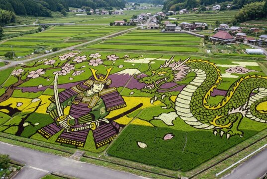 Extensive tambo art landscape showing multiple designs in rural Japanese rice fields