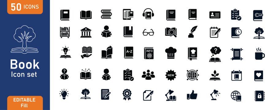 Book and education icon set with 50 editable fill solid glyph icons including university library student graduation cap notebook and learning tree elements isolated on white background