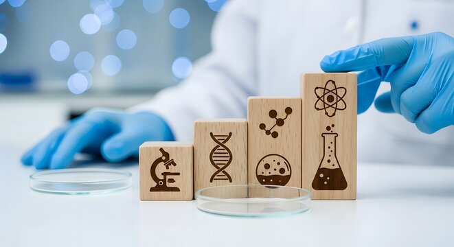 Science and research laboratory concept with wooden blocks and scientist in background