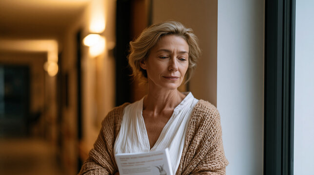 Woman in her fifties leaving a hospital consultation room after a uterine prolapse diagnosis, leaning briefly against the corridor wall processing the news, a pamphlet in her