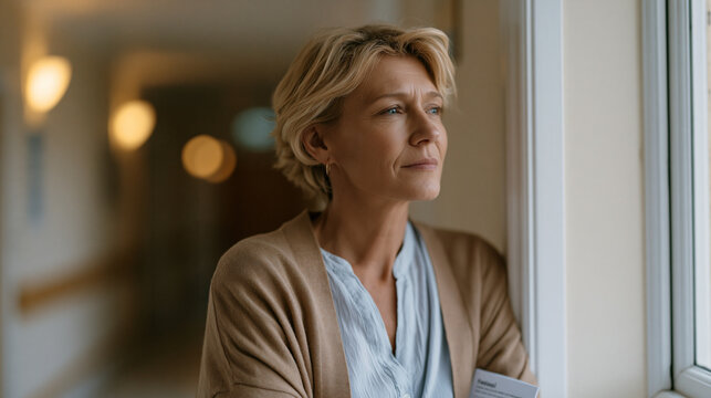 Woman in her fifties leaving a hospital consultation room after a uterine prolapse diagnosis, leaning briefly against the corridor wall processing the news, a pamphlet in her