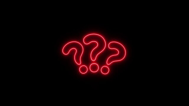 Red neon question marks glowing on black background, abstract concept of uncertainty and inquiry