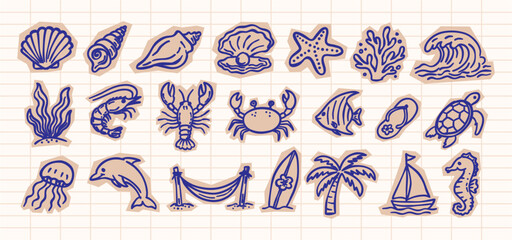 Hand drawn scrapbook nautical beach doodle and cute sea animal sticker set. Blue sketch line art on torn paper craft vector illustrations for vintage design © luqart97